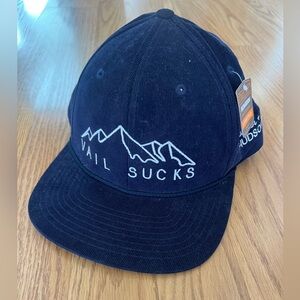 Unisex Vail Sucks trucker hat, snap back, navy blue corduroy